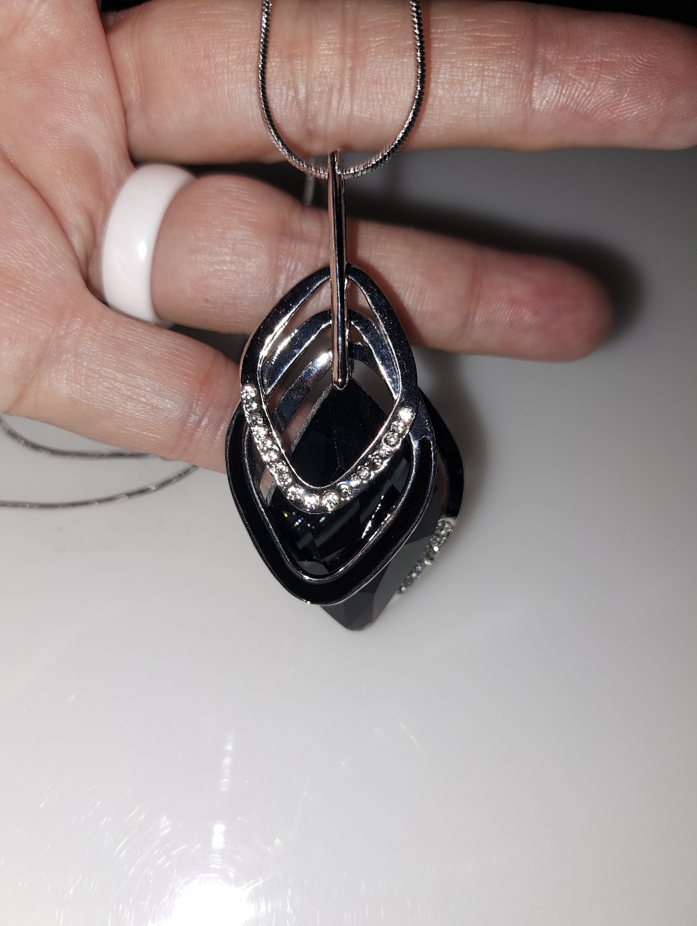 Black Crystal Accent Pendant Necklace in Silver Tone - Picture 4 of 9